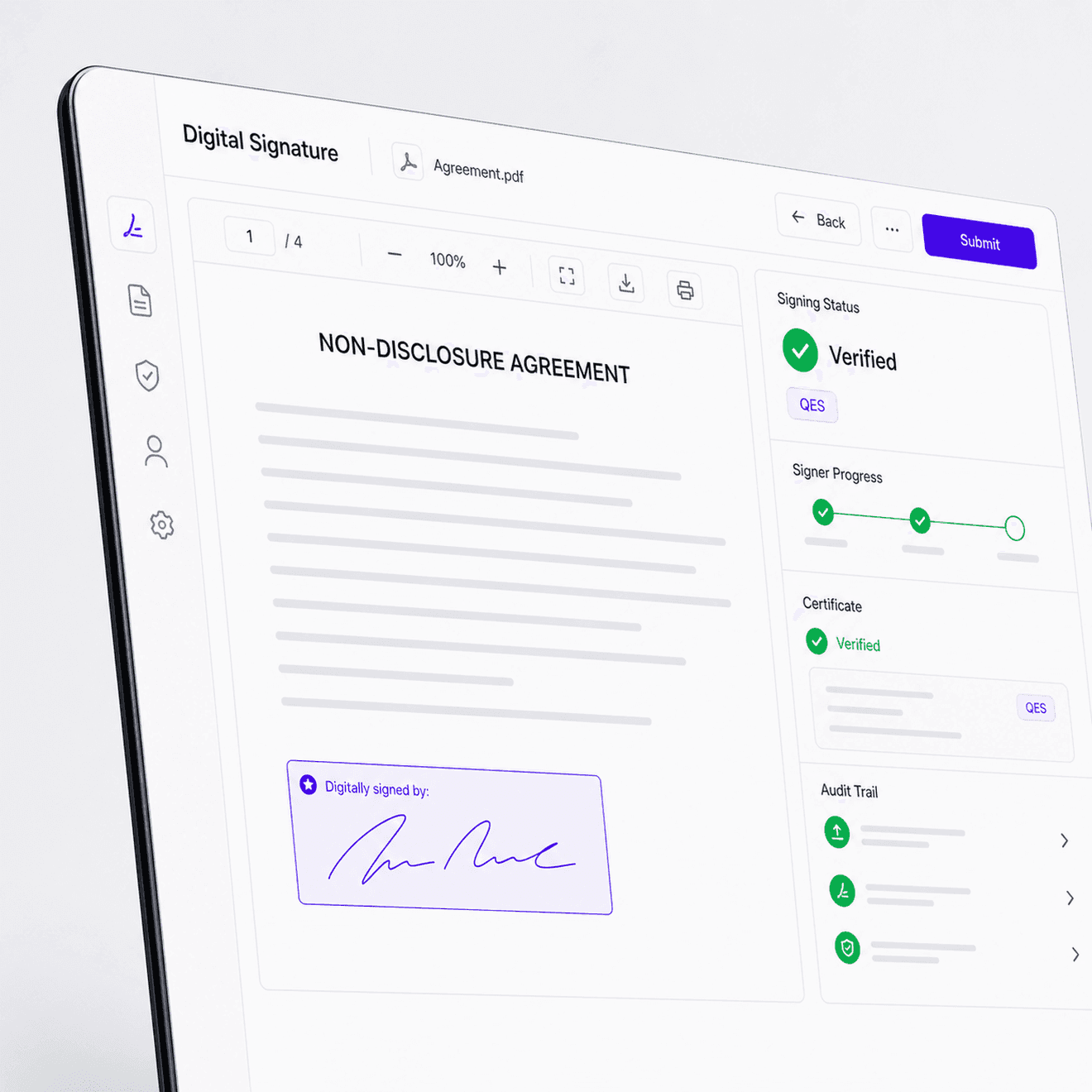 Digital signature certificate validating a signed agreement