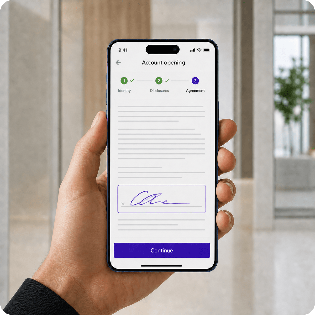 Financial account opening agreement on an iPhone 17 Pro