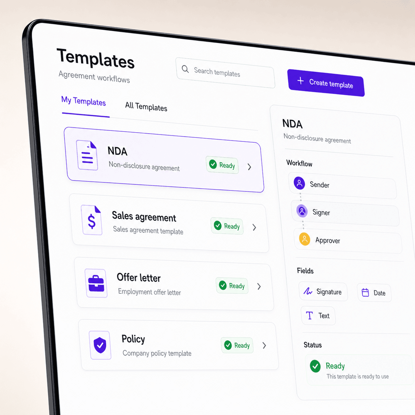 Reusable eSignature template with roles and signing fields