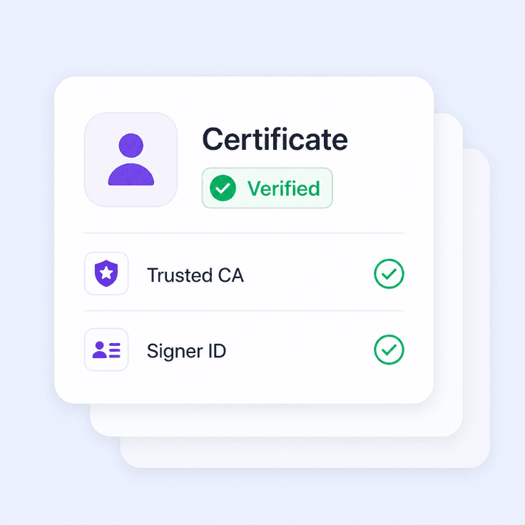 Certificate details linked to signer identity