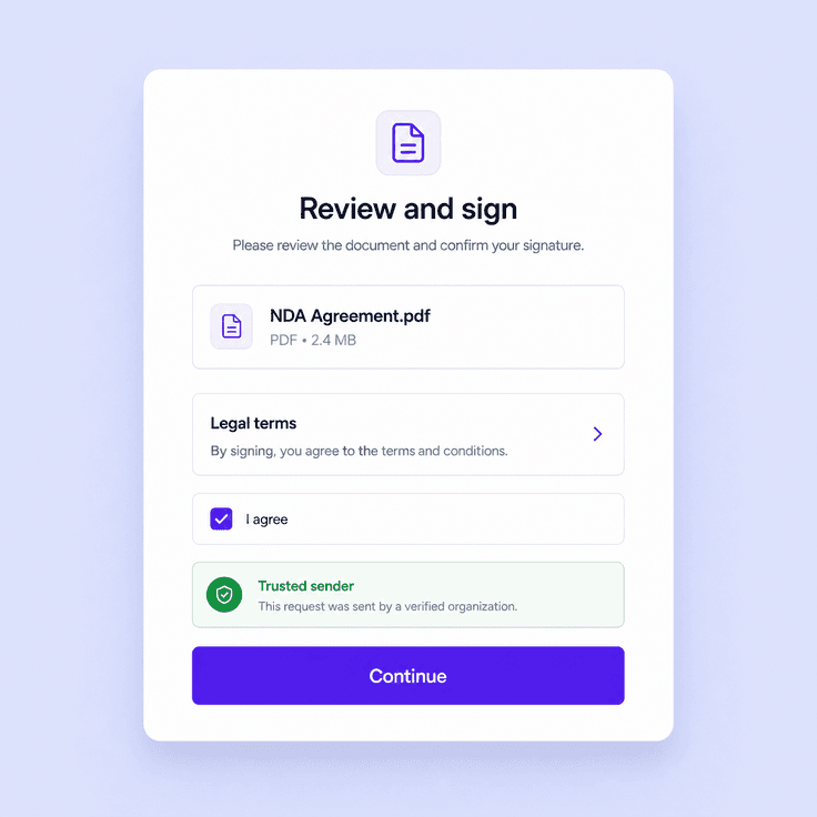 Branded signing page with legal terms for recipient trust