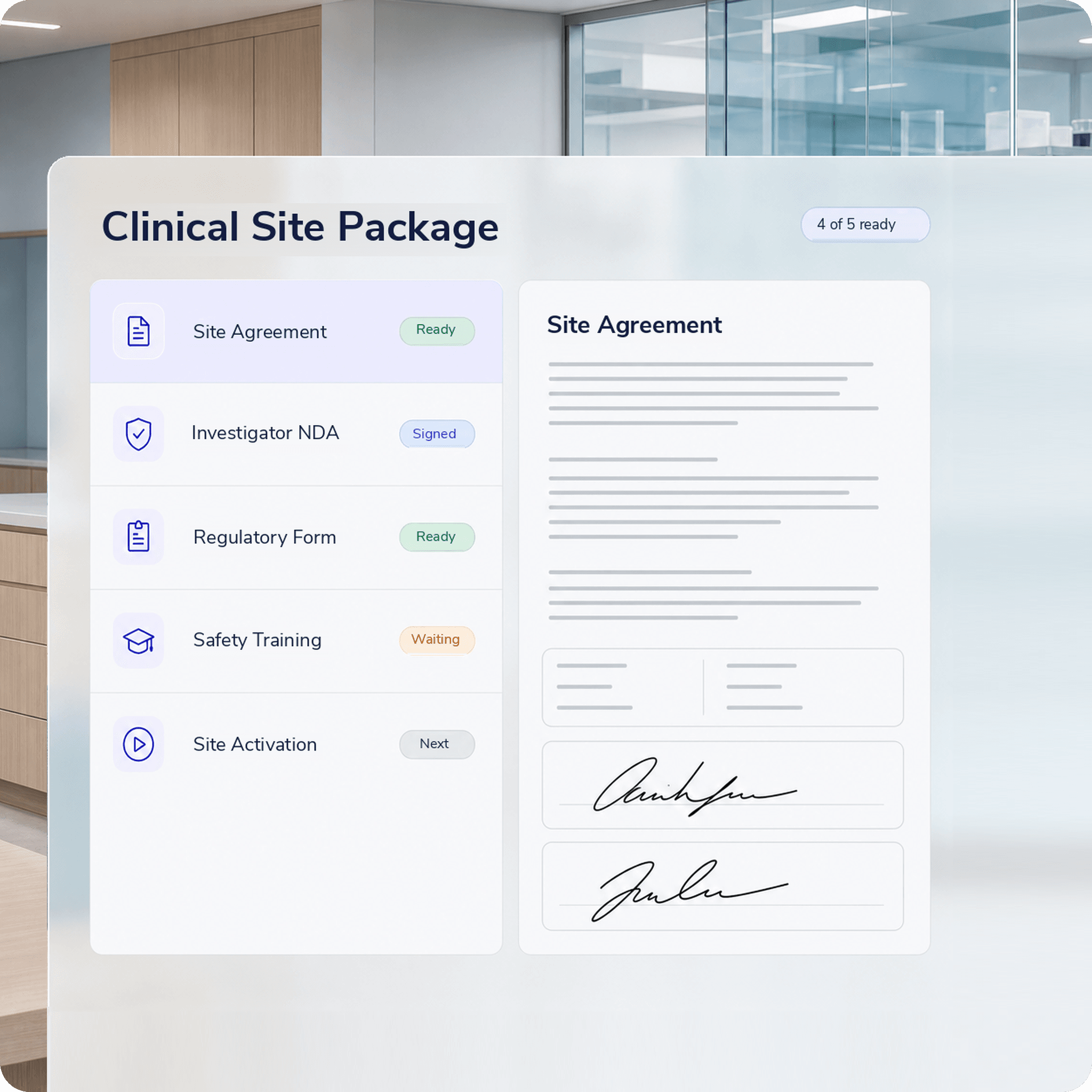 Clinical site agreement package with assigned study participants