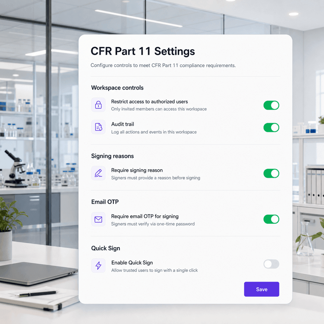 CFR Part 11 workspace settings for regulated teams