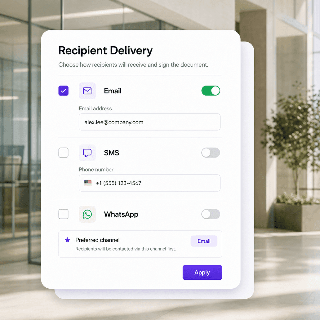 Recipient delivery settings with email SMS and WhatsApp options