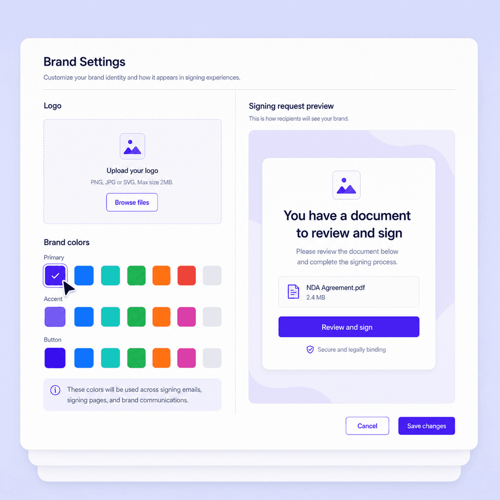 Logo and brand color settings for an eSignature workflow