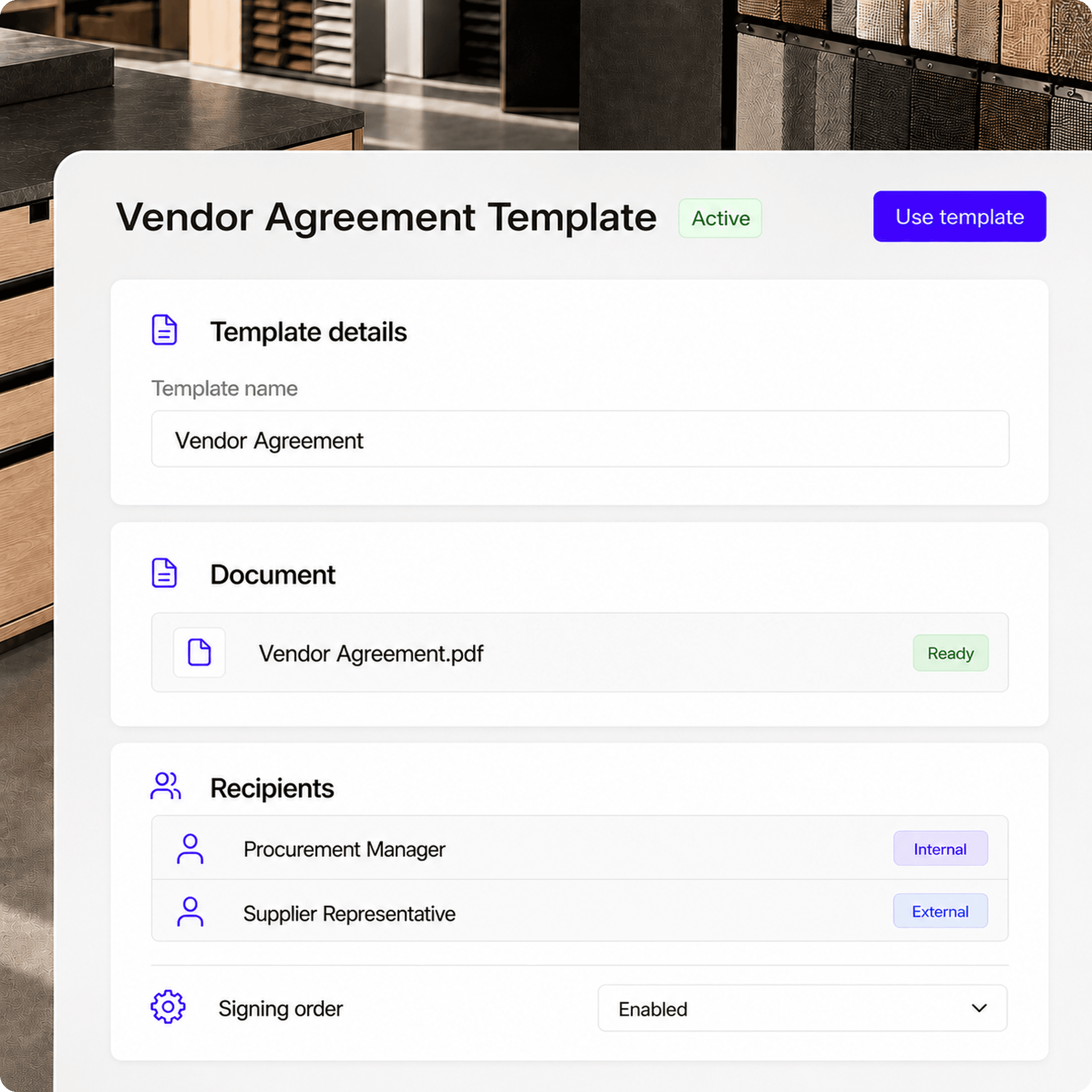 Reusable vendor agreement template with recipient and signing settings