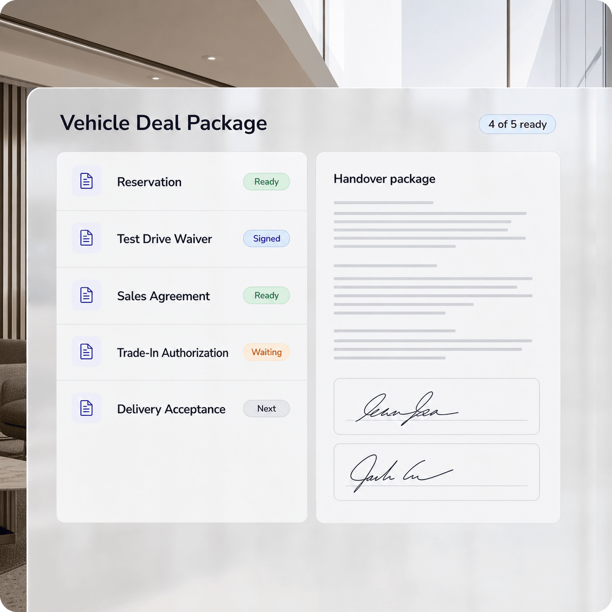 Vehicle sales package moving from reservation to delivery acceptance