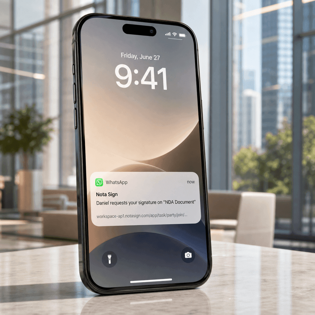 Mobile signing link delivered by SMS or WhatsApp