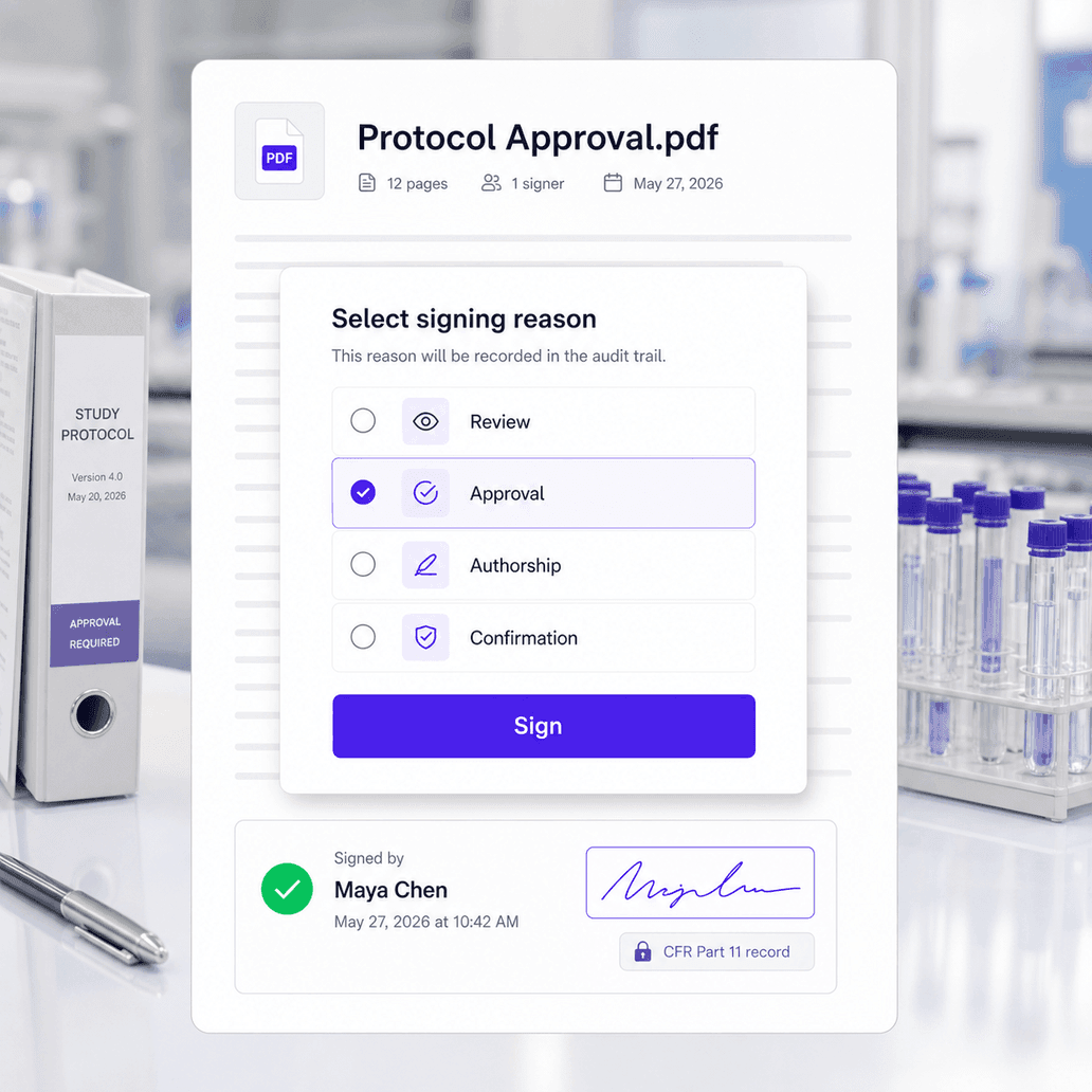 Signing reason selected before applying a CFR signature
