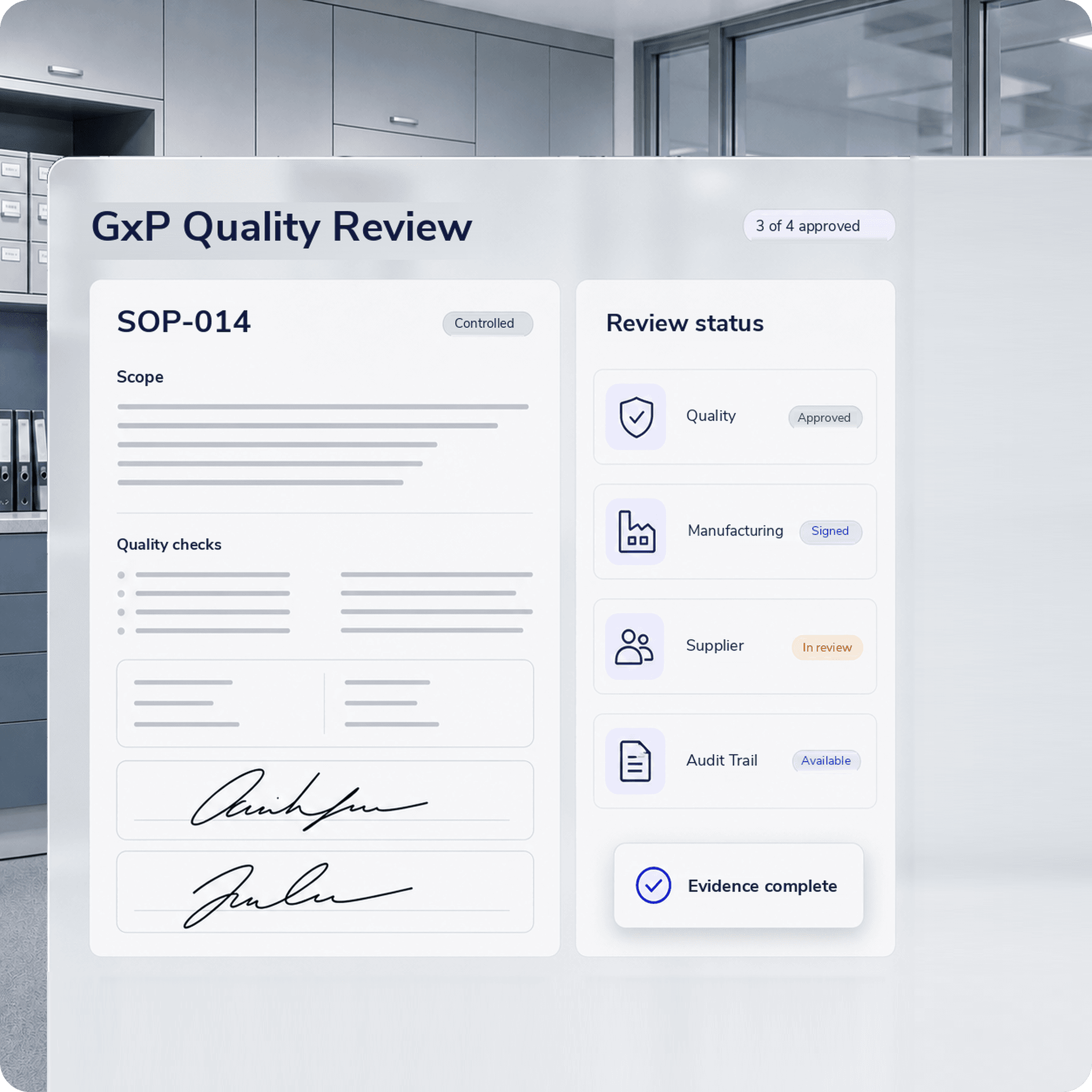 GxP quality and manufacturing documents routed for controlled approval