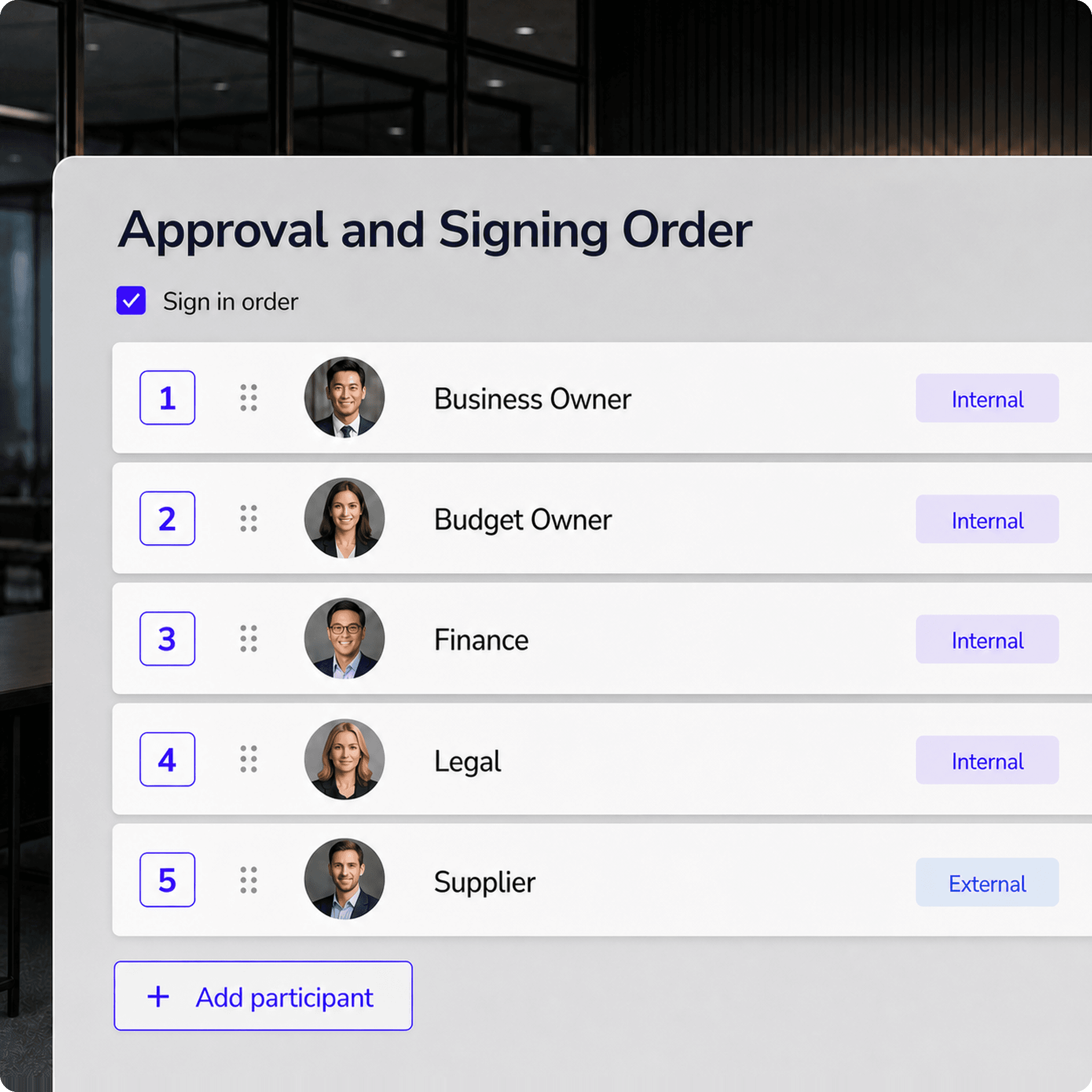 Procurement agreement routed through internal approval and supplier signature