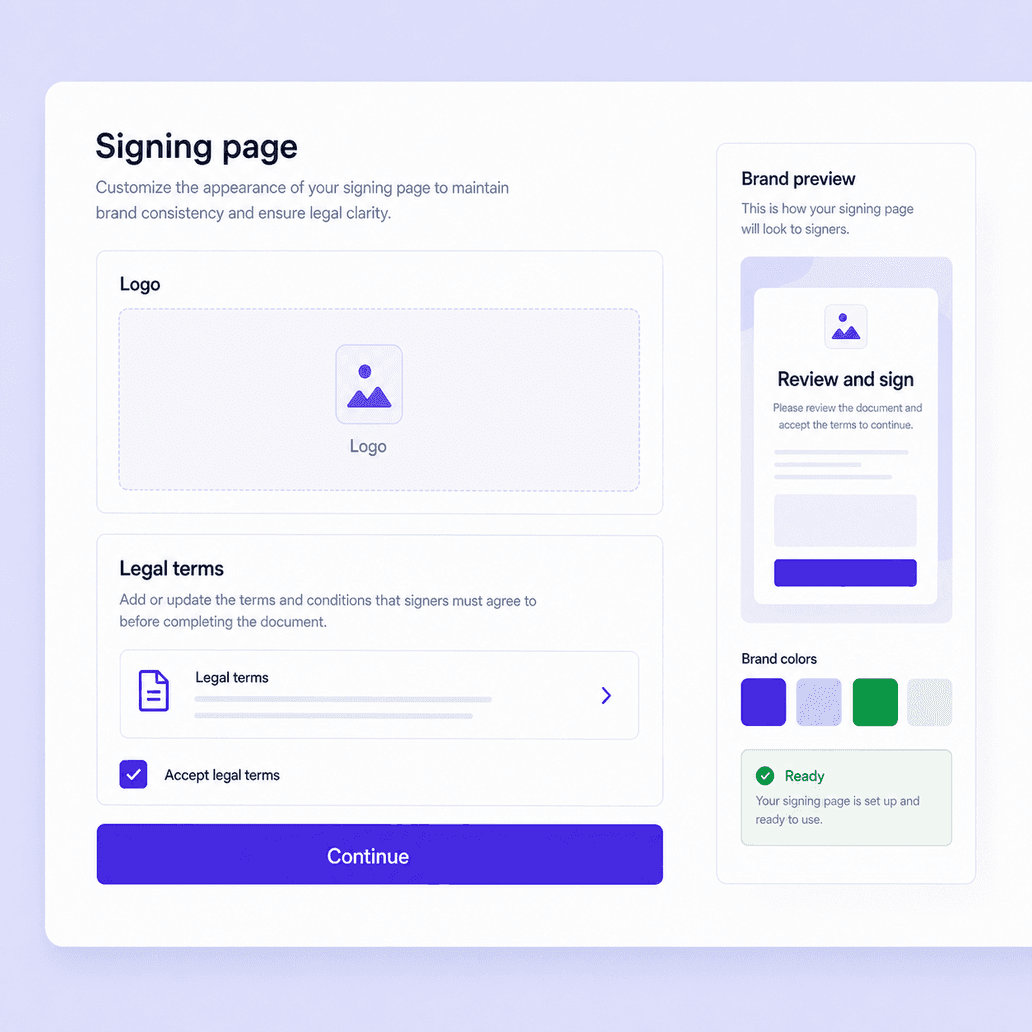 Branded signing page with legal terms for a customer agreement