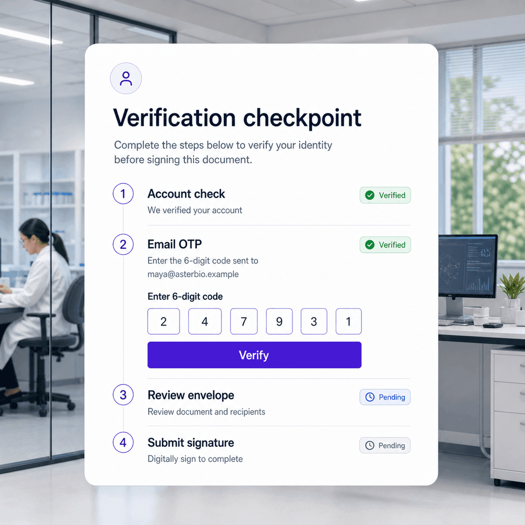 Signer verification checkpoint for a CFR Part 11 envelope