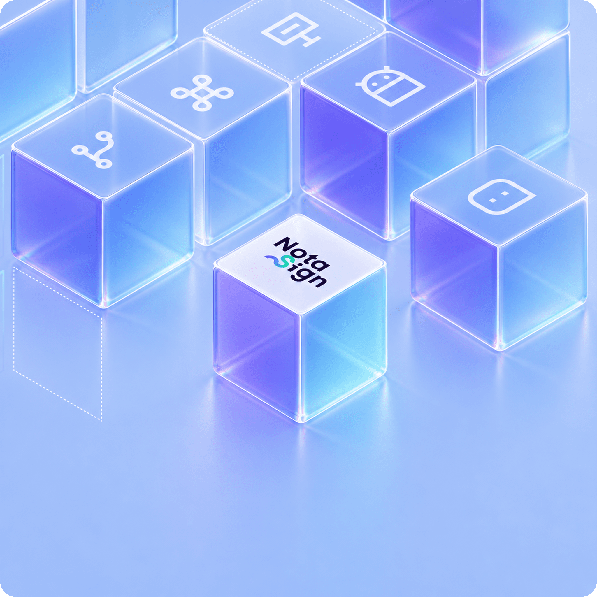 Liquid Glass technology blocks representing manufacturing systems connected through Nota Sign