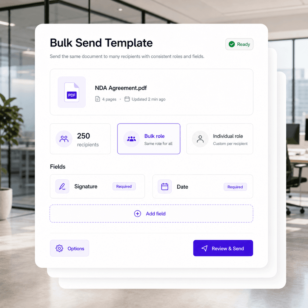 Bulk Send template with recipient roles and configured fields