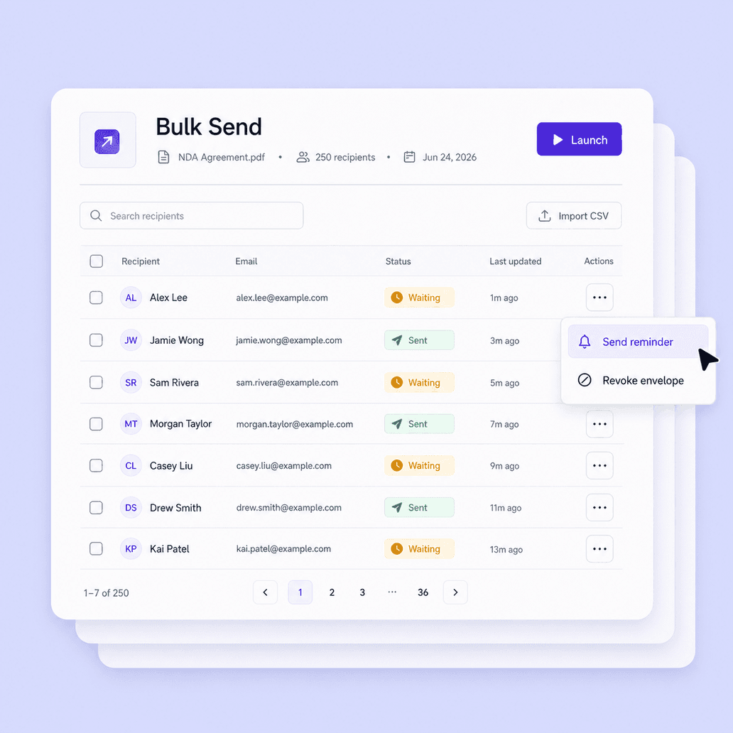 Bulk remind and bulk revoke controls for sent envelopes