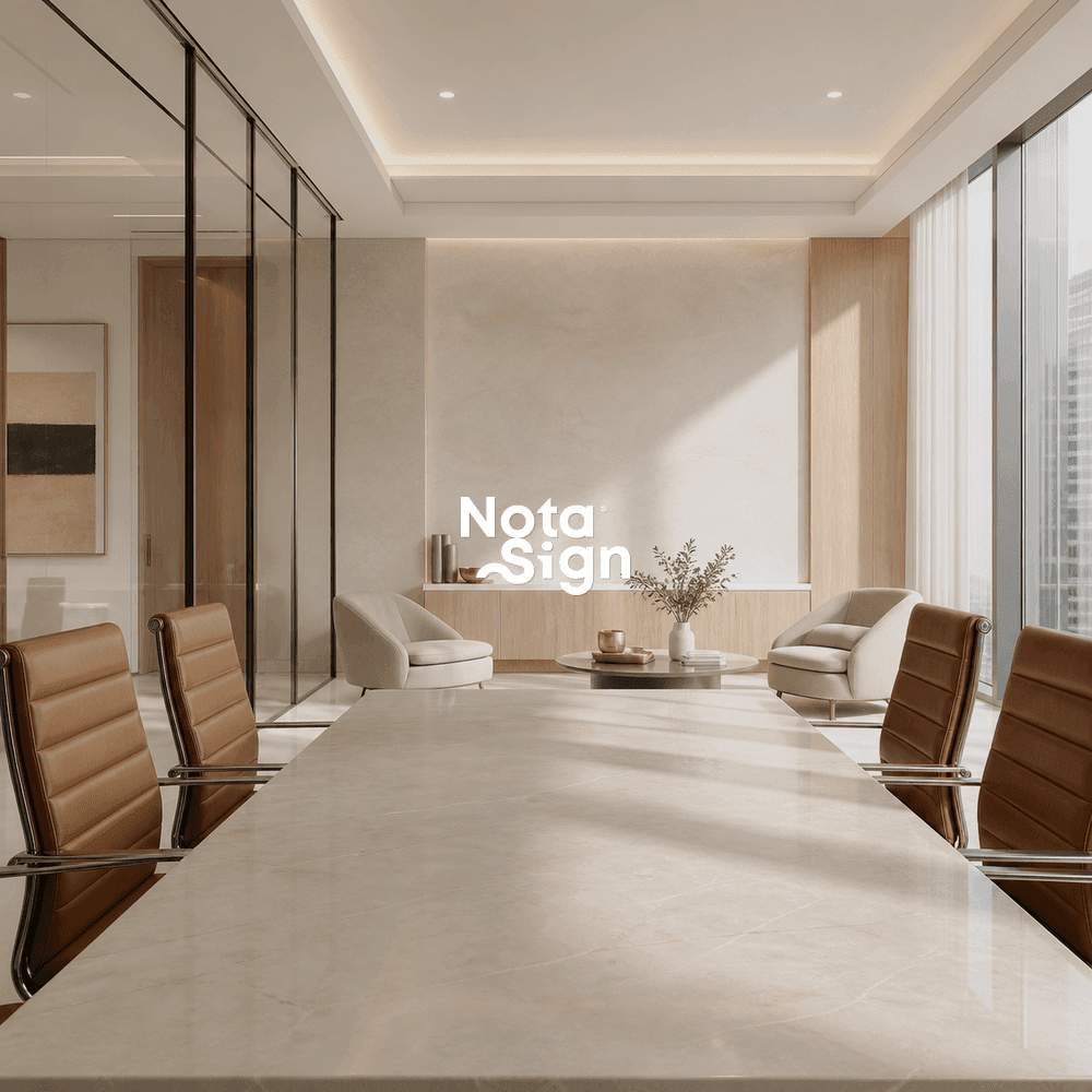 Nota Sign brand mark in a premium business space