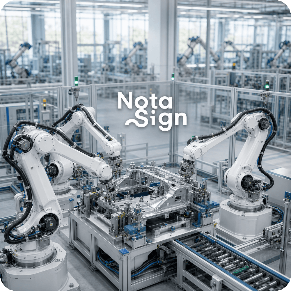 Automated manufacturing robots working around a precision assembly fixture with Nota Sign