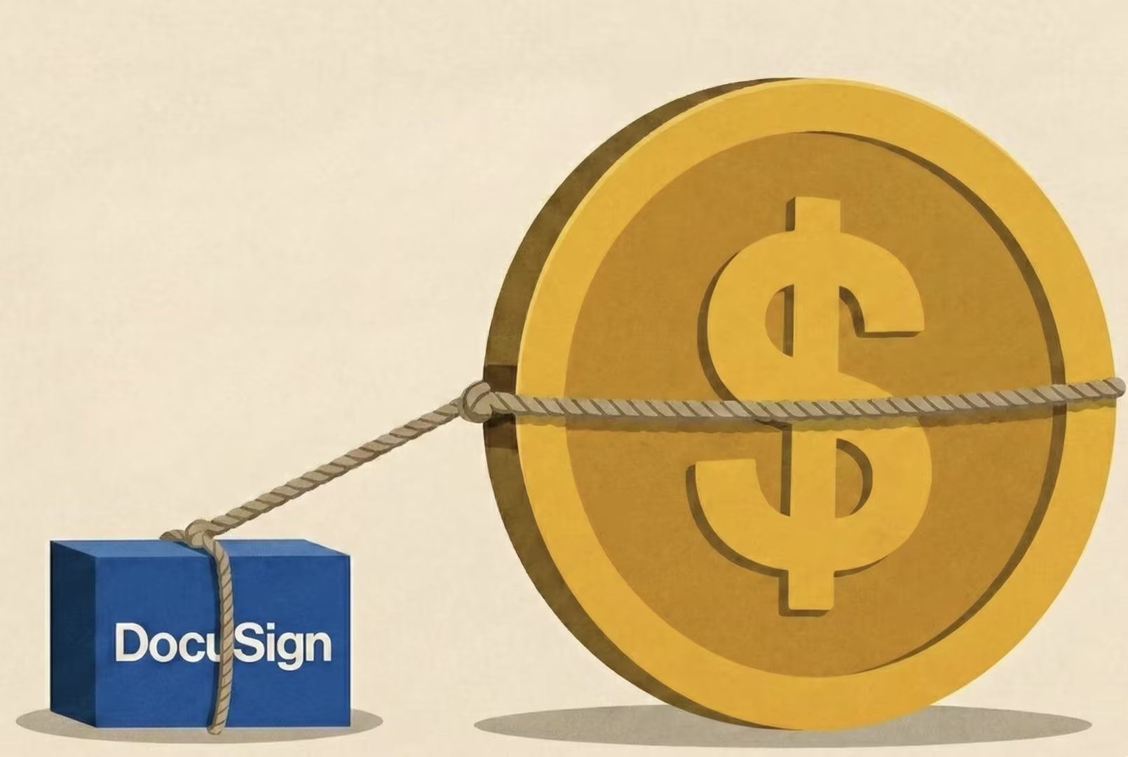 DocuSign’s blue cube tethered to a colossal dollar coin, symbolizing premium pricing in e-signature tools.
