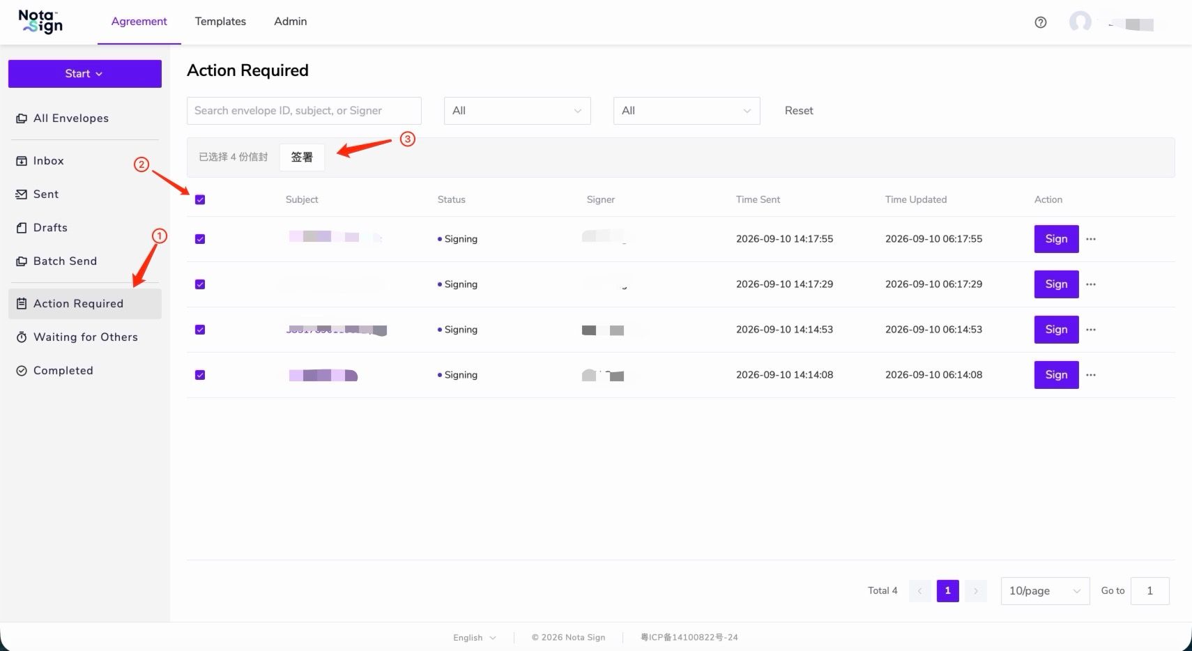 Start bulk signing from Action Required