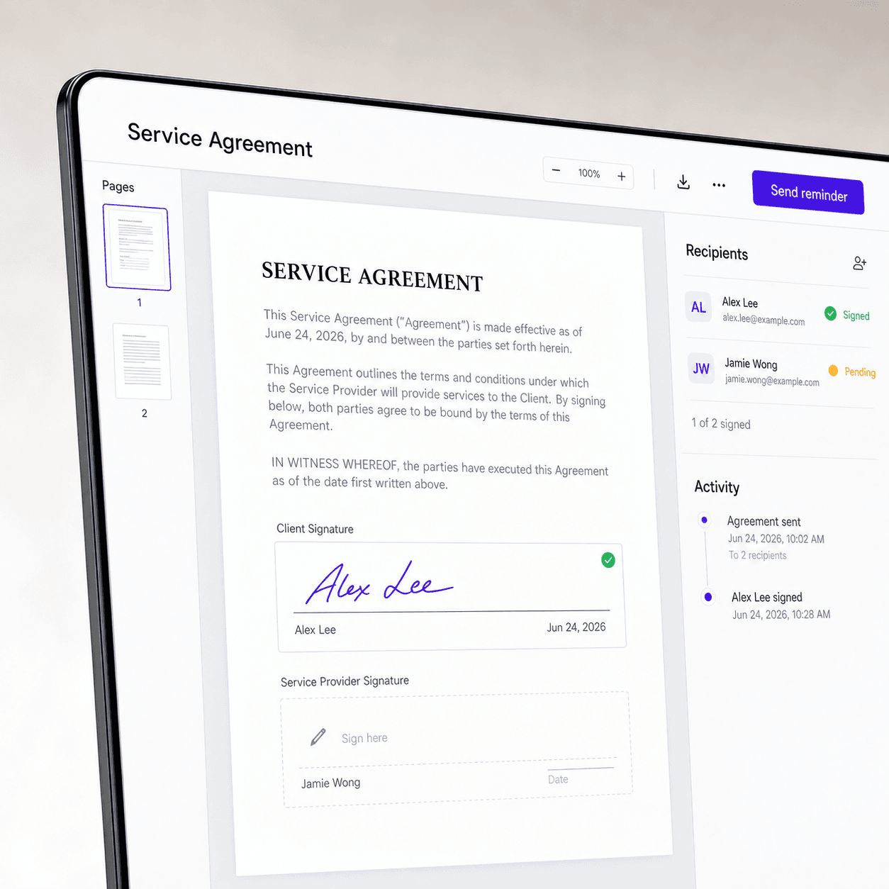 An electronic agreement displayed on a device, with signer status and a Send reminder action.