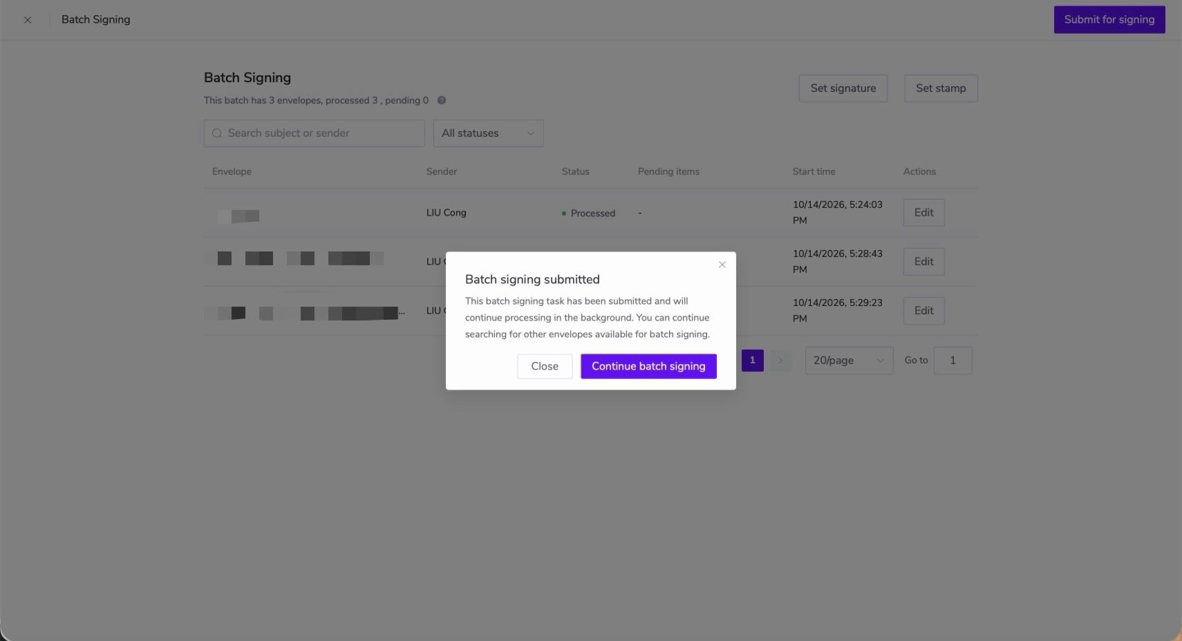 Bulk signing submission confirmation