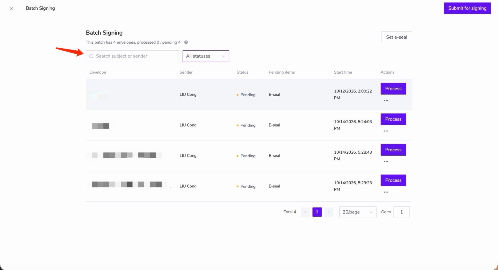 Search and filter envelopes