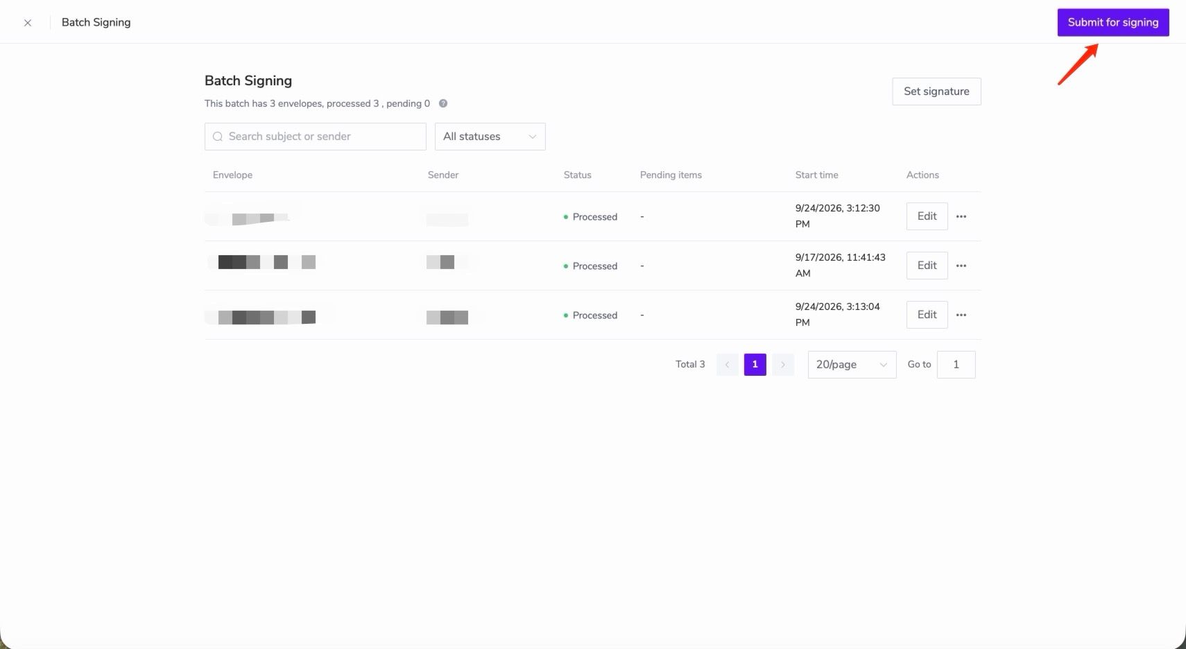 Submit bulk signing
