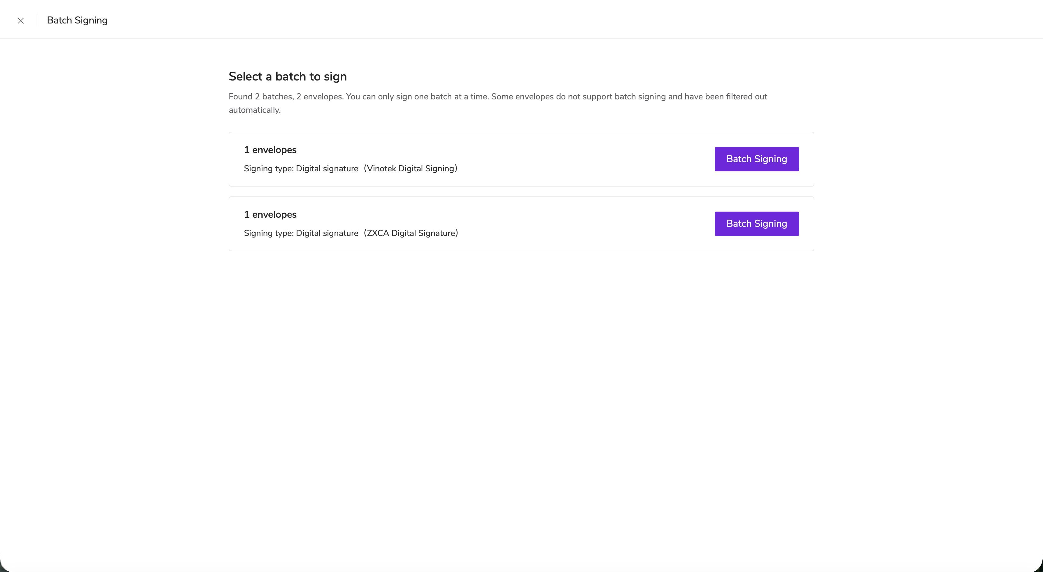 Select a bulk signing batch