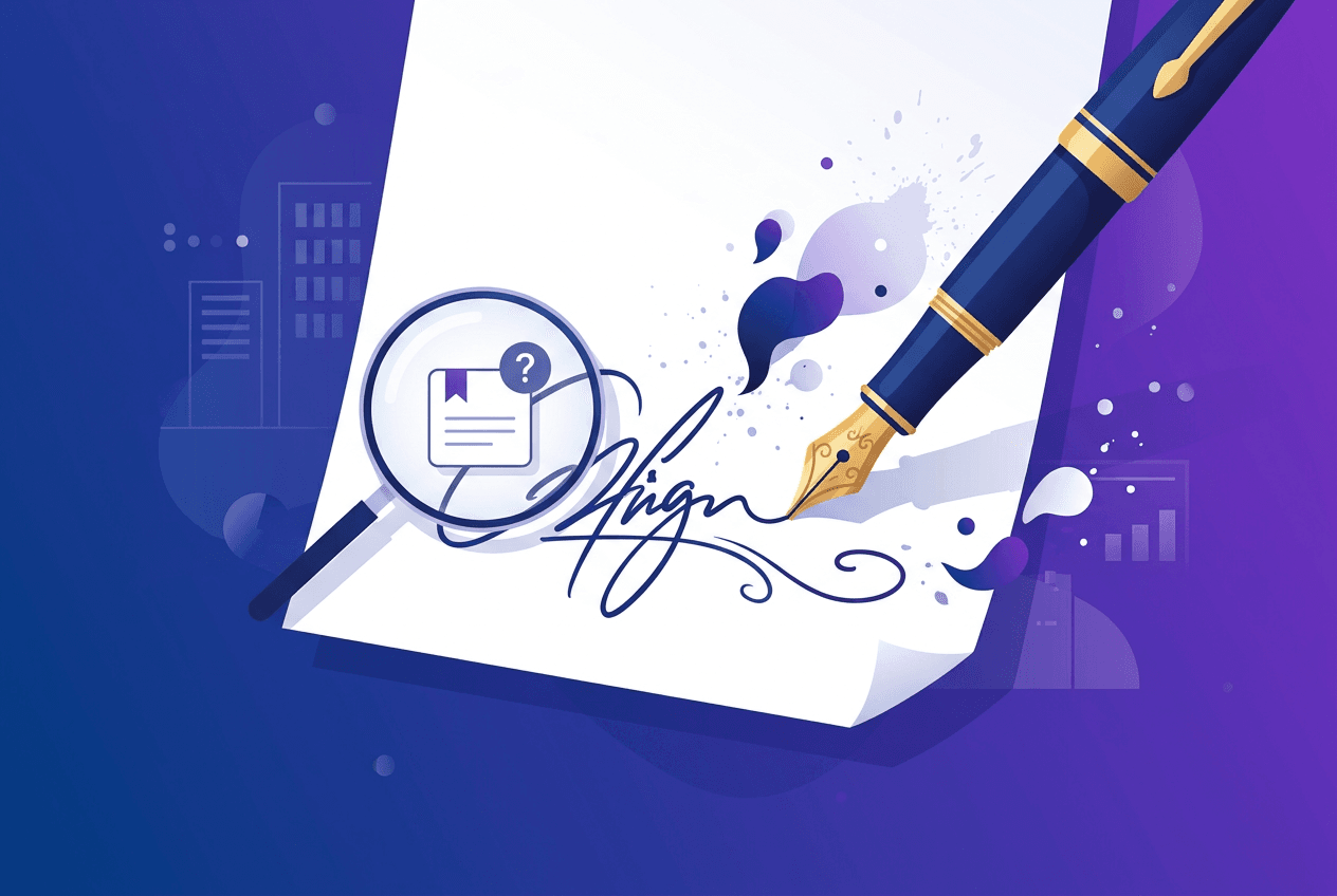 Illustration of an ink pen writing a signature with a magnifying glass over the signature line