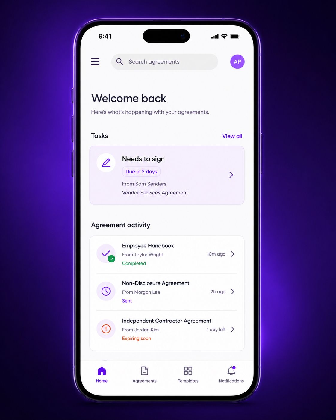 Nota Sign mobile app home screen showing Welcome back, Tasks, and Agreement Activity sections
